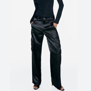 Zara black satin-effect cargo pants